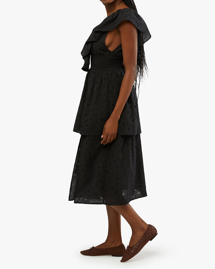 Slit Front Eyelet Ruffle Midi