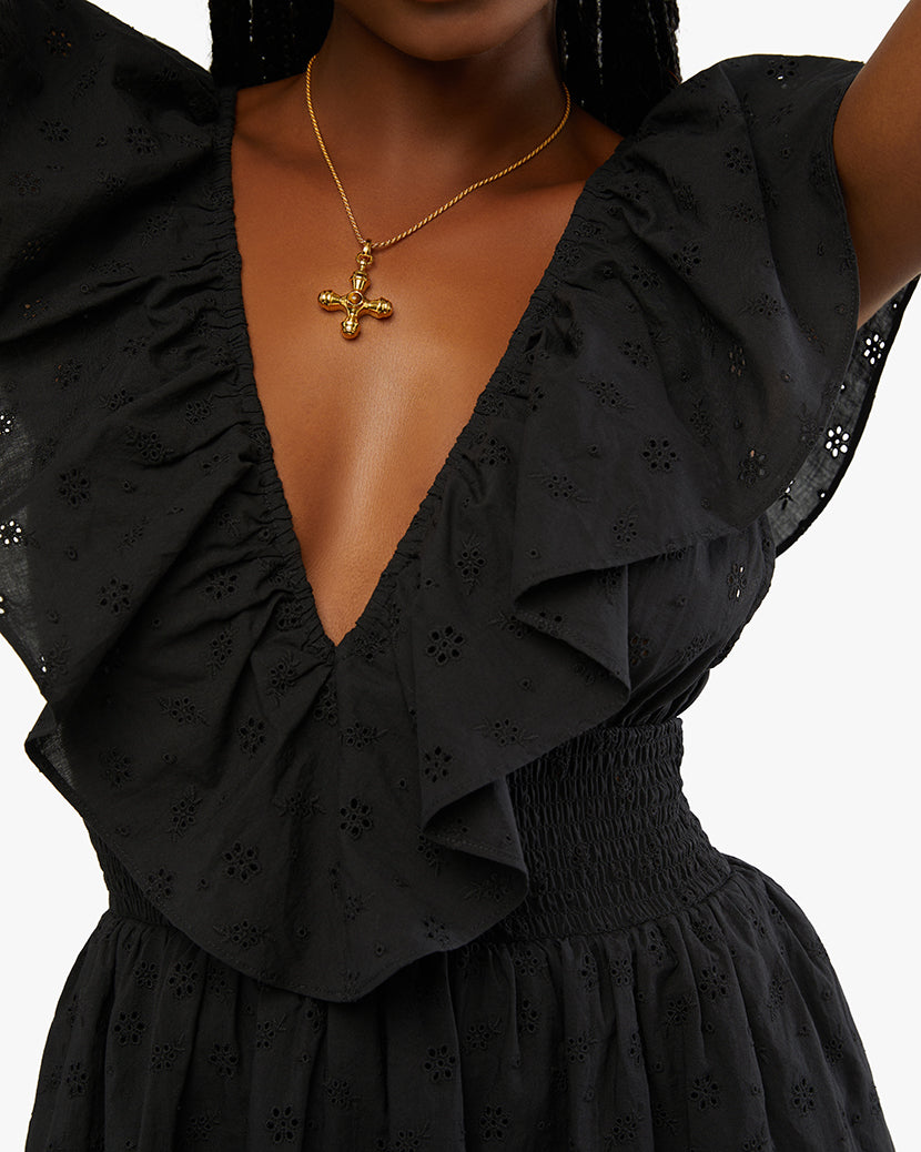 Slit Front Eyelet Ruffle Midi