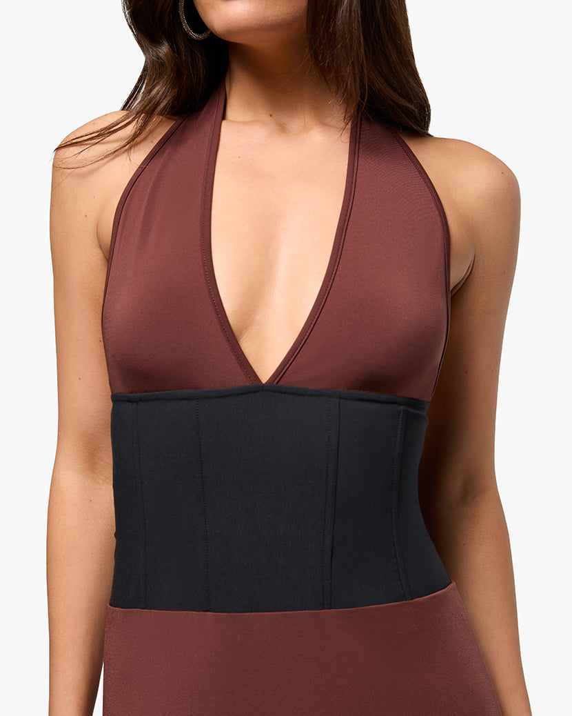 Corset Halter Asymmetrical Midi Dress
