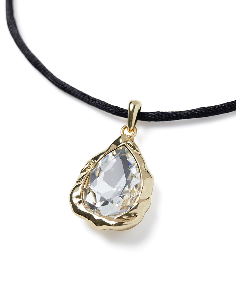Bezeled Crystal Pear Pendant Necklace On Black Cord