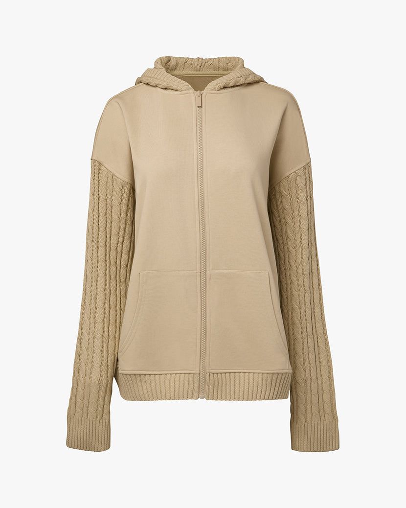 Cable Knit Sleeve Zip Up Hoodie
