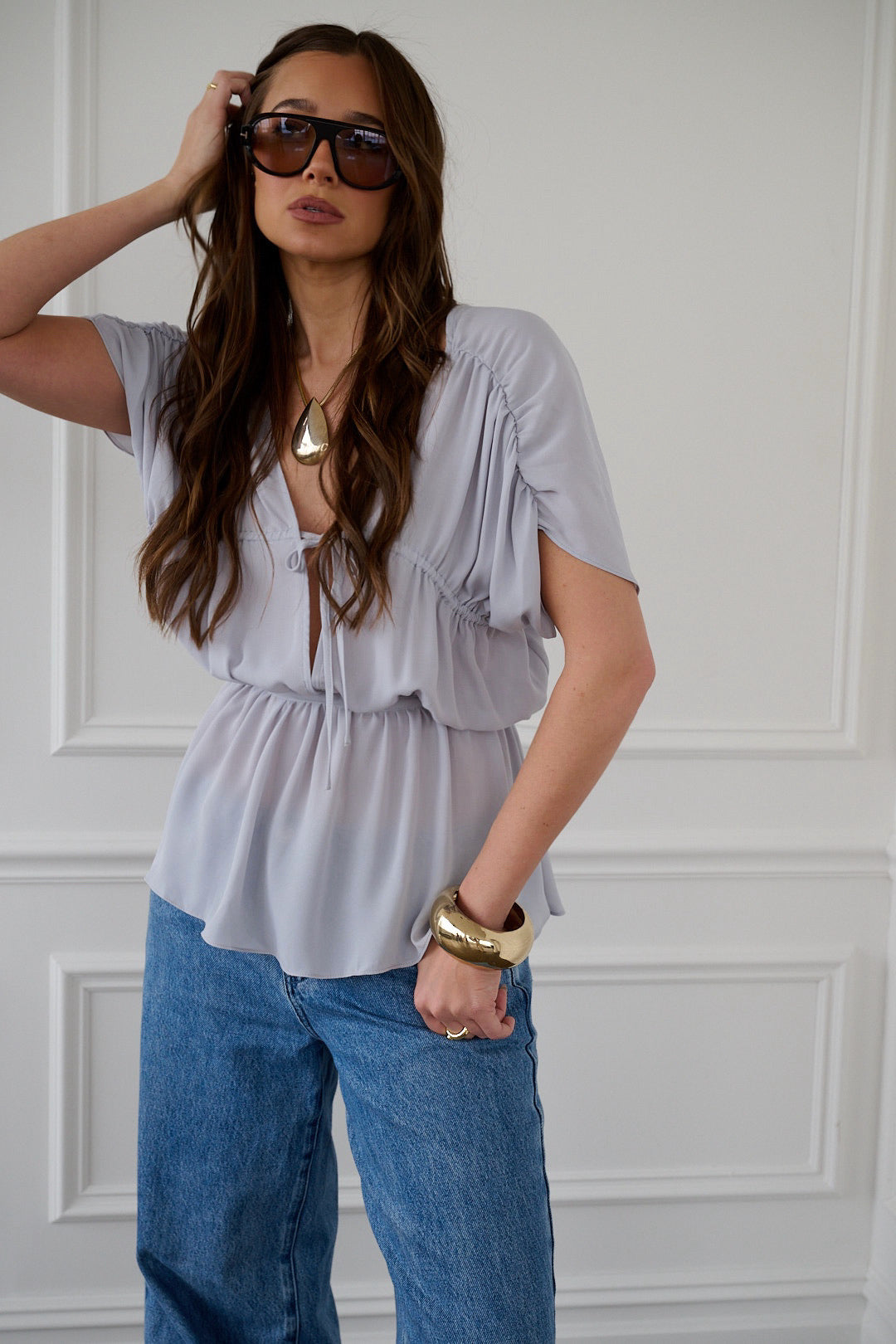 Gathered Cap Short Sleeve Top