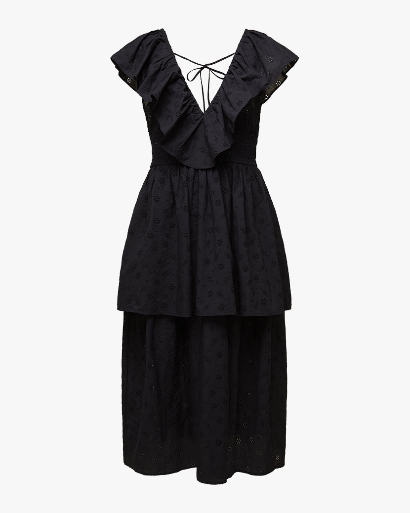Slit Front Eyelet Ruffle Midi