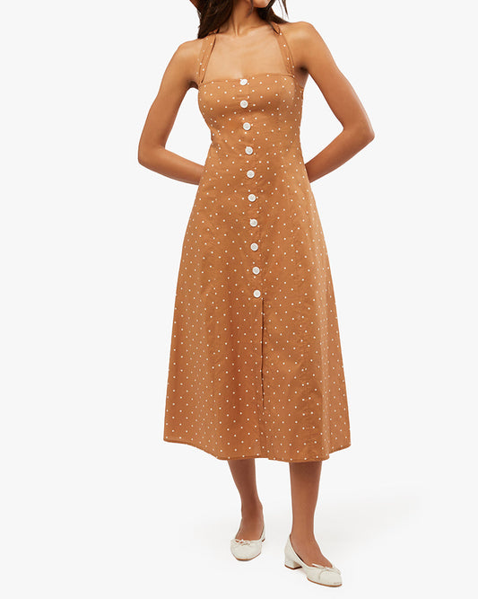 Halter Micro Polka Dot Button Up Midi