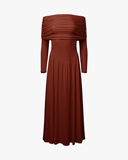 Off Shoulder Ruched Midi Dress