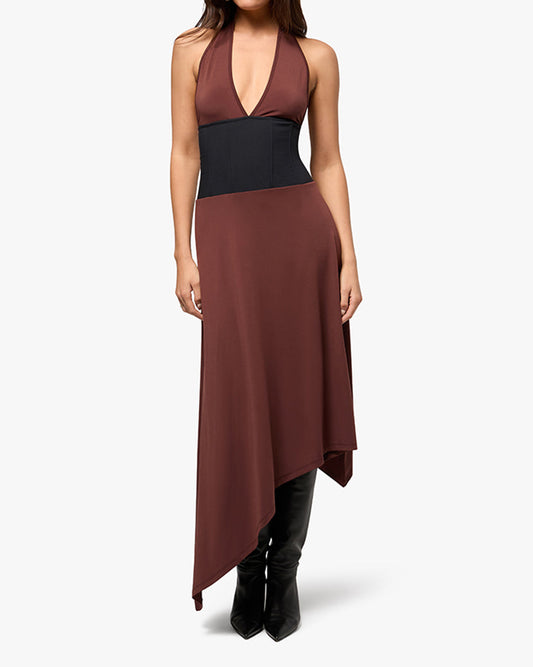 Corset Halter Asymmetrical Midi Dress