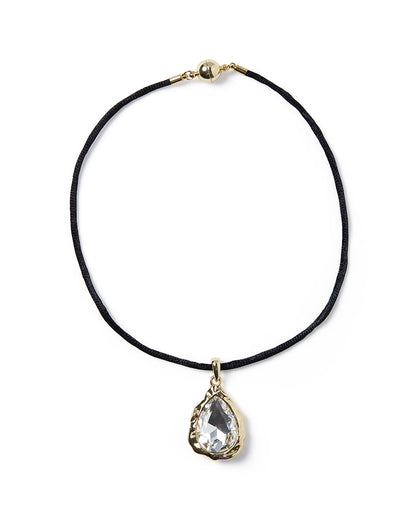 Bezeled Crystal Pear Pendant Necklace On Black Cord
