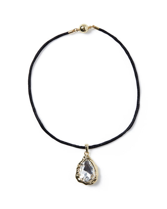 Bezeled Crystal Pear Pendant Necklace On Black Cord