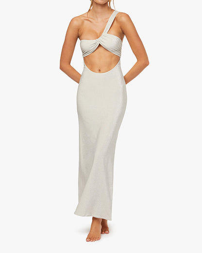 Ruched Asymmetrical Knit Maxi Dress