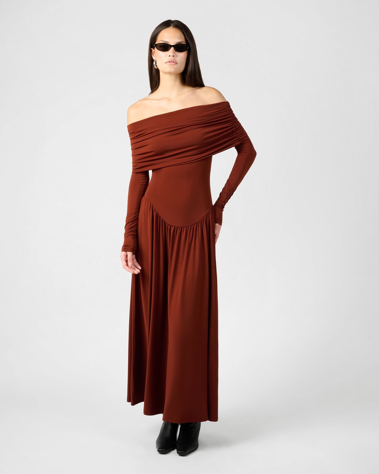 Off Shoulder Ruched Midi Dress