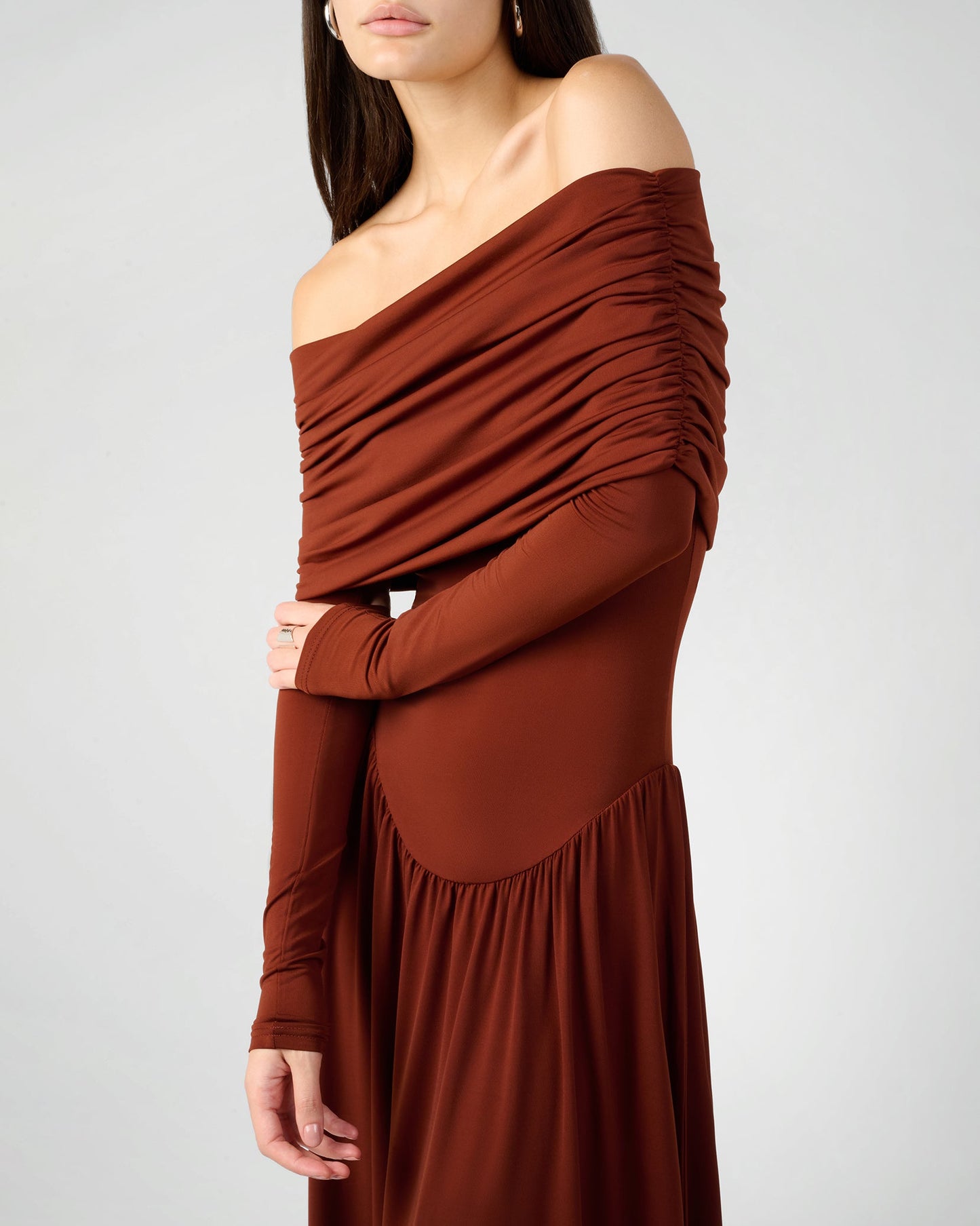 Off Shoulder Ruched Midi Dress