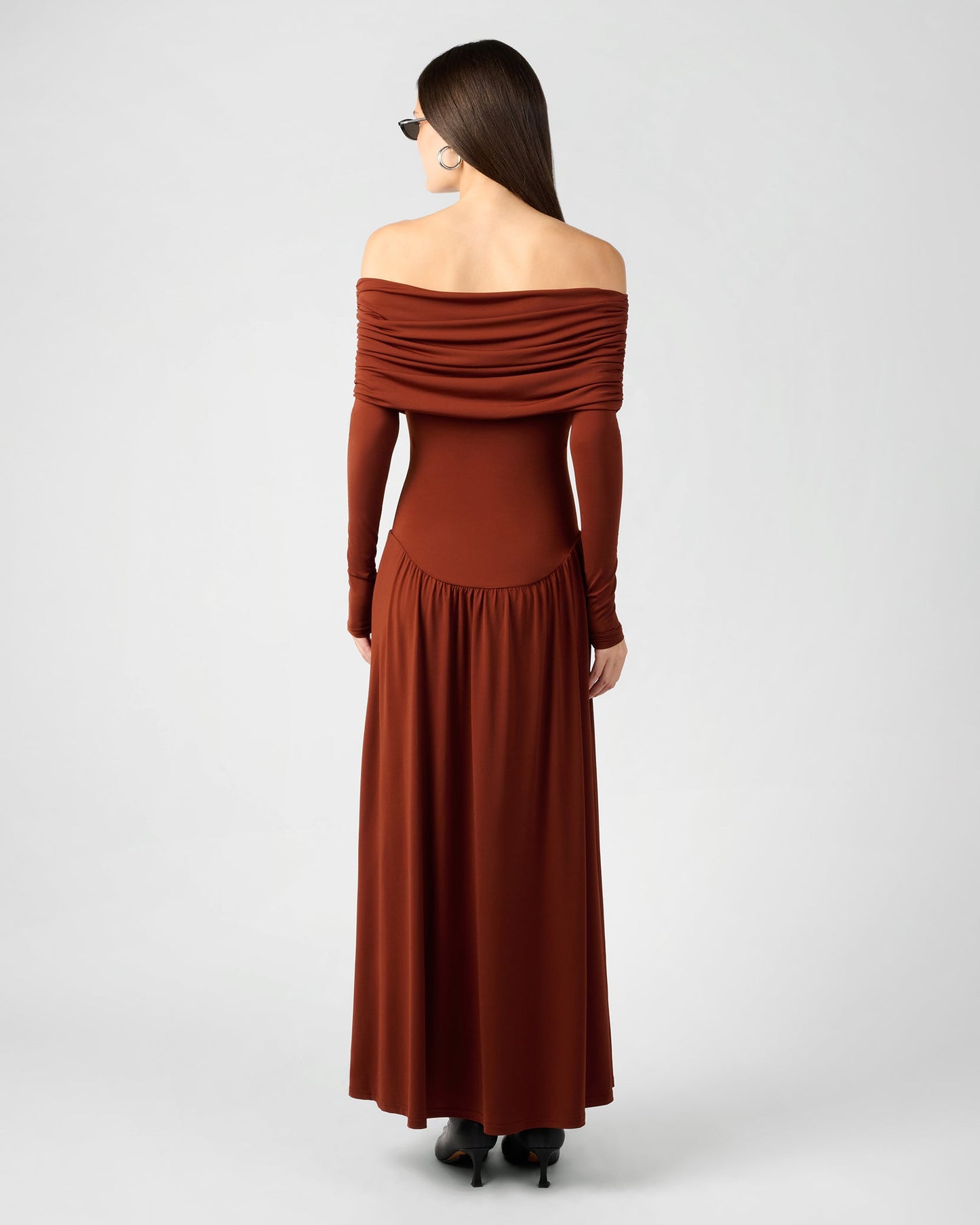 Off Shoulder Ruched Midi Dress