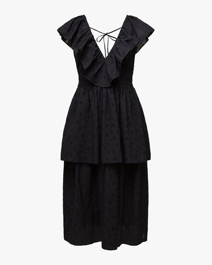 Slit Front Eyelet Ruffle Midi