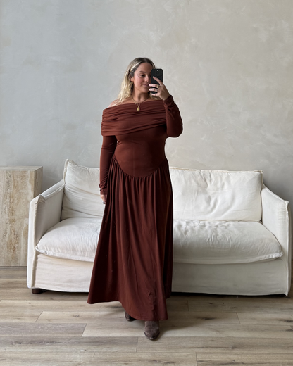 Off Shoulder Ruched Midi Dress